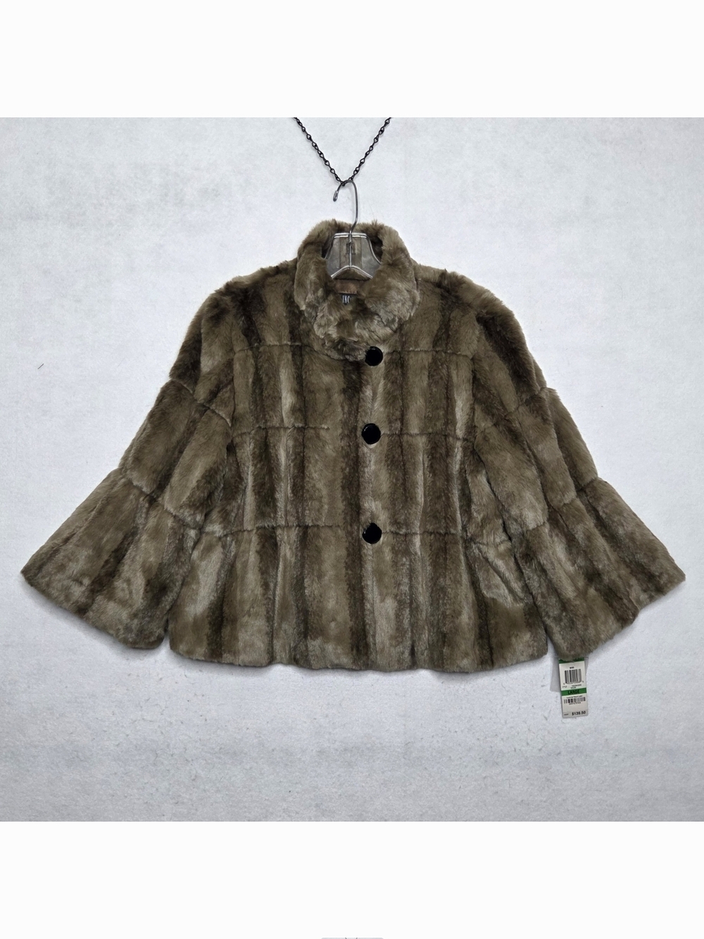 INC International Concepts NWT Faux Fur Swing Coat L Crop Brown Glam Chic Retro